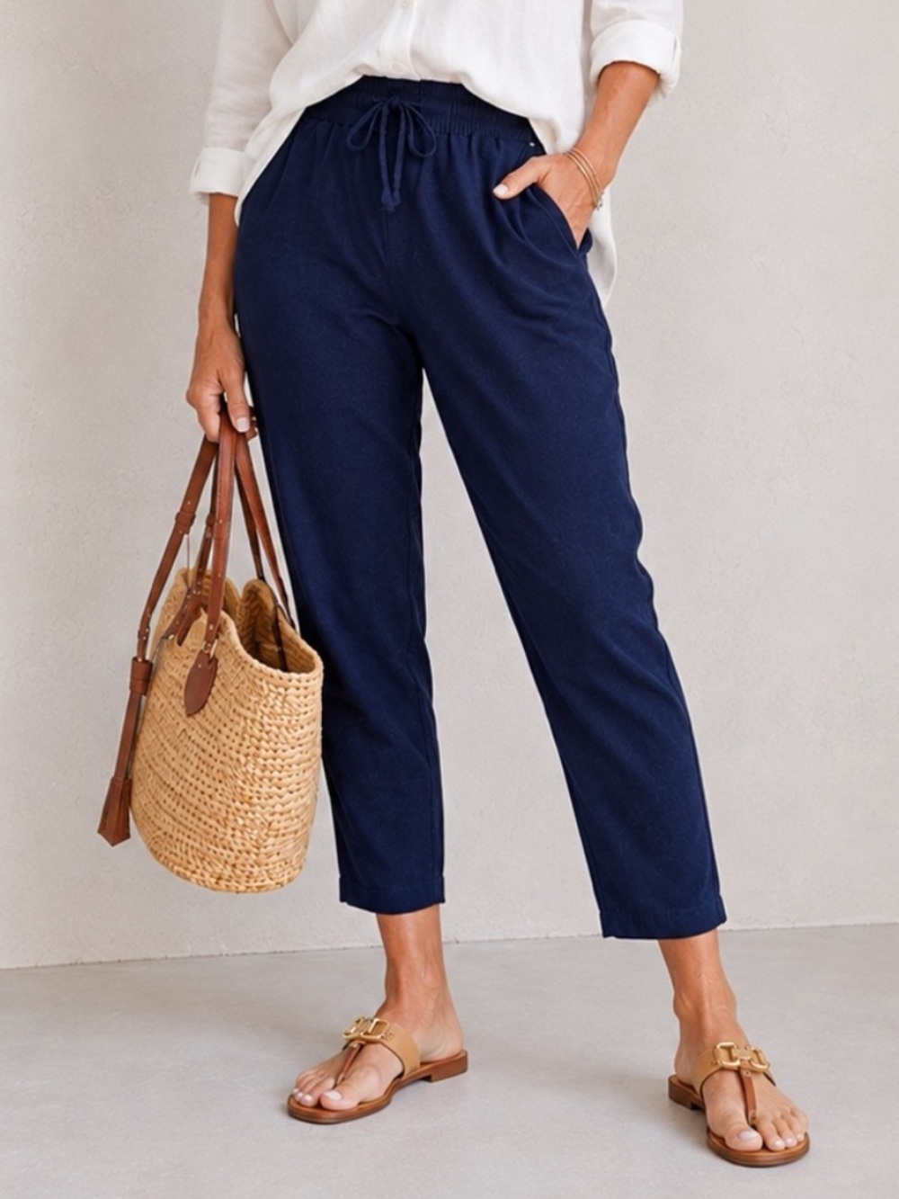 Reitmans Linen Blend Pull On Pants Navy 14 Petite